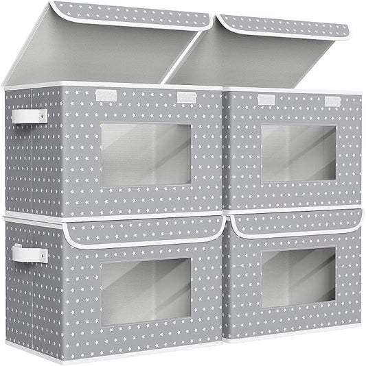 Univivi Fabric Foldable Storage Boxes [4-Pack] Large Collapsible Stackable Storage Bins with Lids, Closet Organizers and Storage Cube Basket for Home, Office, Bedroom (Gray Star, 17”x 12” x 12”)