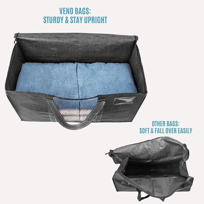 VENO 4 Pack Moving Bags with Clear Window, Heavy Duty Storage Bins with Lid, Around Handles, Tag, Zippers, Extra Large Totes Packing Moving Boxes Supplies for College Dorm Clothes (Dark Gray)