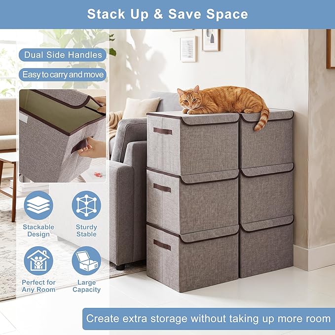 Bagnizer Large 17" 42 Quarts Collapsible Stackable Storage Bins with Lids [3-Pack] Foldable Fabric Linen Storage Boxes Cube, Closet Organizer Baskets with Label for Home (16.7 x 12 x 12, Gray)