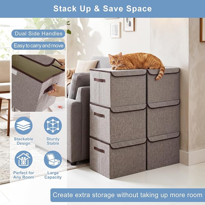 Bagnizer Large 42 Quarts Fabric Storage Bins with Lids [2-Pack] Linen Collapsible Foldable Storage Cubes, Closet Organizer Containers boxes with Handles for Home Office (16.7 x 12 x 12, Gray)