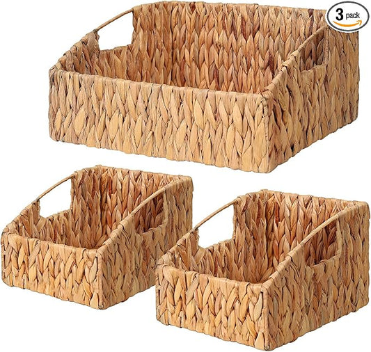 Rattan Storage Baskets, Handwoven Wicker Storage Bins with Built-in Handles, Storage Container Baskets for Shelves, Bedroom, Bathroom, Laundry Room or Kitchen(Natural)