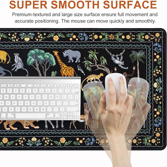 L-SPOUTTO Jungle Animal Desk Mat for Keyboard and Mouse, Black Mouse Pad | XXL Large Non-Slip Keyboard Pad Waterproof Desktop Mat for Laptop Computer Work Game Home Office
