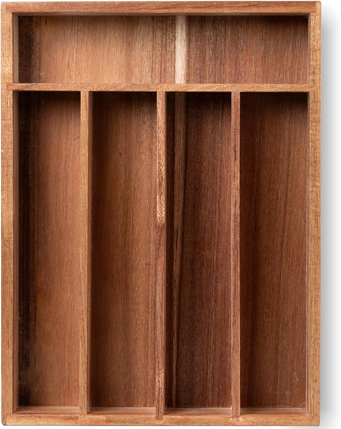 Fibogollo Silverware Organizer Acacia Wood Kitchen Drawer Organizer with 5 Slots Flatware Organizer Tray for Kitchen, Flatware, Utensils