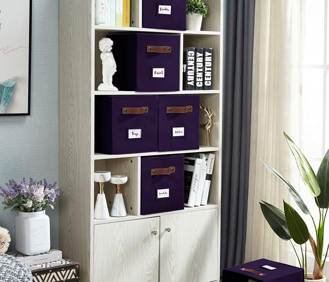 DECOMOMO Storage Bins, Cube Storage Bin with Labels | 10.5" x 11" Fabric Storage Cubes for Shelves (6pcs, Deep Voilet)