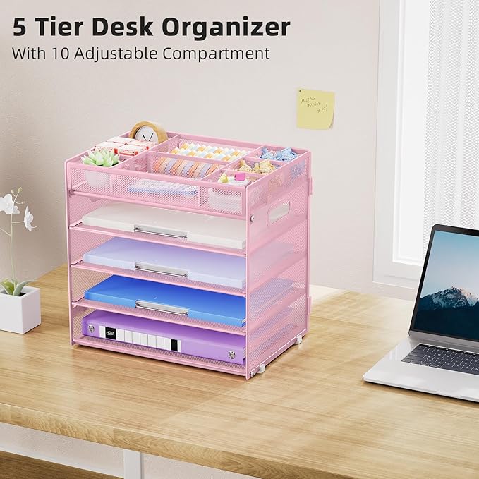 Marbrasse 5 Tier Paper Organizer Letter Tray, Mesh Desk File Organizer with Handle, Paper Sorter Desk Organizer for Home Office Supplies - Pink, Adjustable