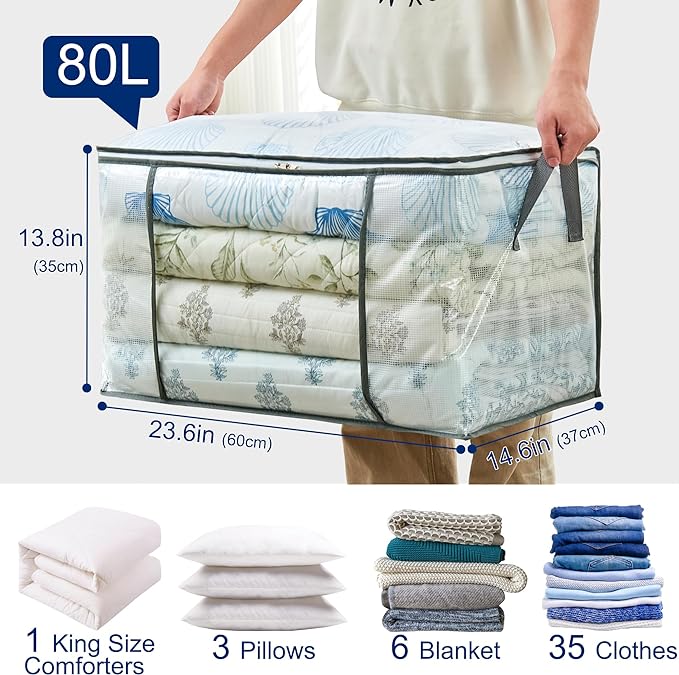 MKOKYD 80L Clear Large Storage Bag, Clothes Storage Containers for Organizing Closet, Bedroom, Underbed, Comforters, Clothing, Blankets, Pillow, Foldable Organizer with Sturdy Handle and Zippers (3)