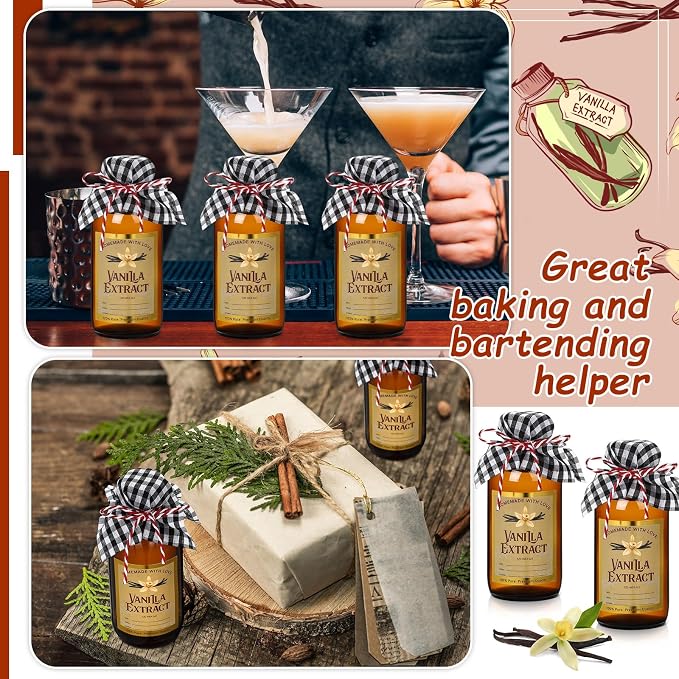 Uiifan 8 Pcs Glass Bottles Jars for Vanilla Extract 4 oz Amber Glass Jars with Caps Boston Round Bottles with Vanilla Extract Labels Stickers for Syrup Gift Food Storage Canister Set Sauce Beans
