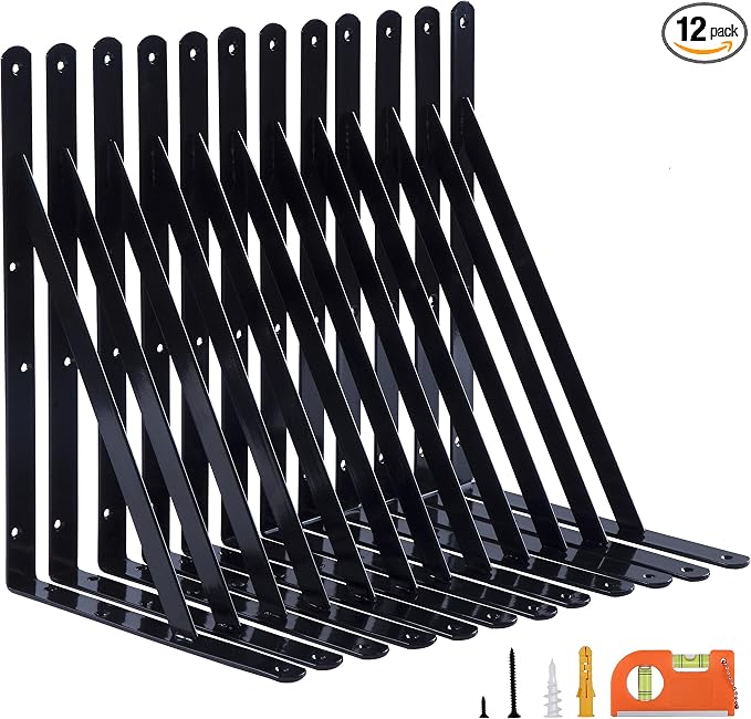NEODROP 12-Pack 18 Inch Heavy Duty Shelf Brackets, Thicken Wall Bracket for Garage Floating Storage Shelves, Black Powder-Coated Steel