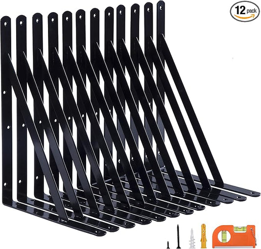 NEODROP 12-Pack 18 Inch Heavy Duty Shelf Brackets, Thicken Wall Bracket for Garage Floating Storage Shelves, Black Powder-Coated Steel