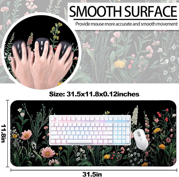 Pretty Wildflower Gaming Desk Mat, Computer Keyboard Large Extended Flowers Mouse Pad for Office and Home, 31.5×11.8 Inches, XL