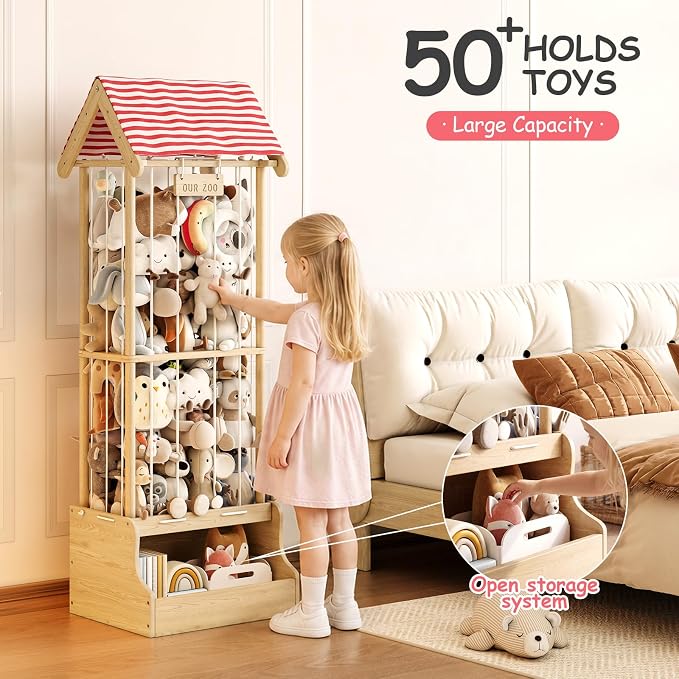 Stuffed Animal Storage, Wooden Stuffed Animal Zoo with Toy Box and Triangular Ceilings, Vertical Stuffed Animal Holder with Thicker Elastic Band, Plushies Storage for Playroom, Nursery, Bedroom