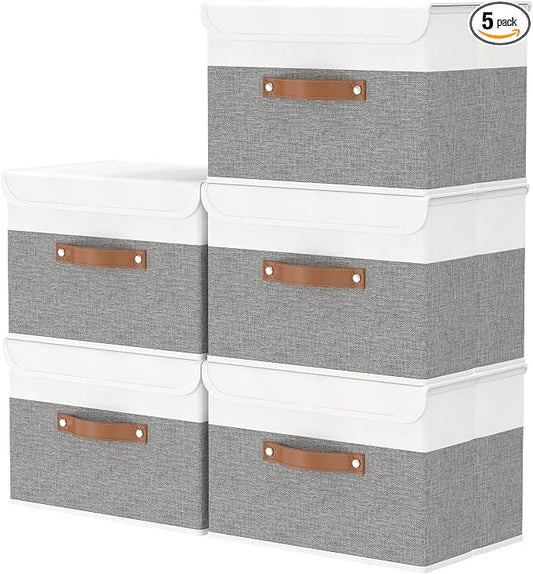 OUTBROS Storage Box with Lids, 17.7x11.8x11.8 inch (White/Grey, 5-Pack) | Foldable Linen Wardrobe Containers, Organiser For Towels, Clothes