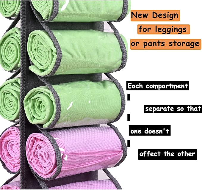 Legging Storage Bag Storage Hanger Can Holds 24 Leggings or Shirts Jeans Compartment Storage Hanger, Foldable Leggings Organizer Clothes Portable Closets Roll Holder(Grey)