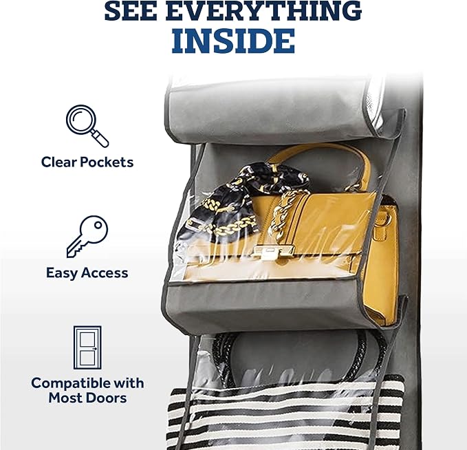 ZOBER Purse Organizer for Closet - Over The Door Purse Organizer W/ 6 Pockets for Easy Purse Storage - Durable Metal Hooks - Purse Rack W/Clear Pockets - Gray (2 Pack)