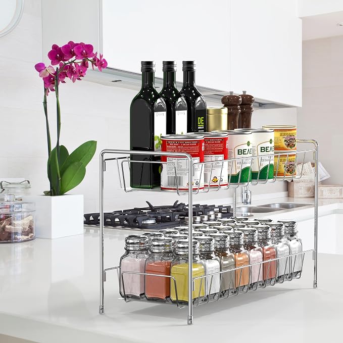 Simple Houseware 2-Tier Spice Rack Kitchen Organizer Countertop Shelf, Chrome | for Kitchen, Pantry Storage Shelf