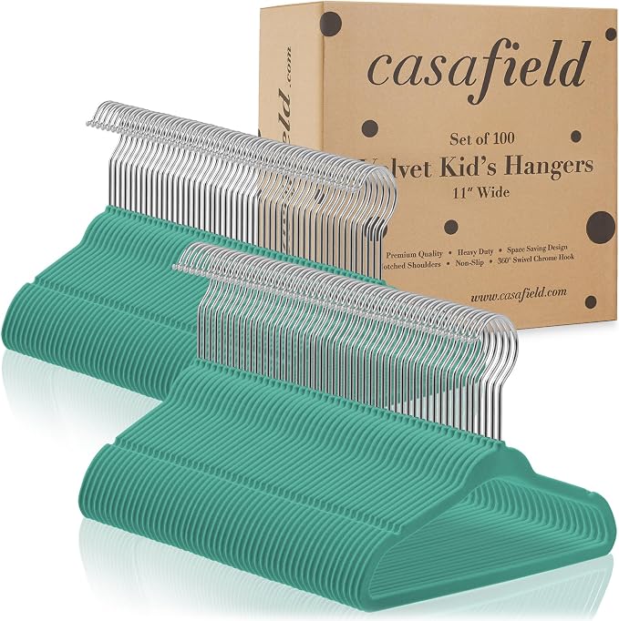 Casafield 100 Velvet Baby Hangers - 11" Size for Infant & Toddler Clothes - Teal