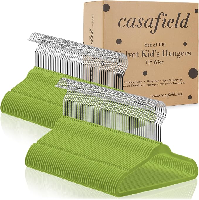 Casafield 100 Velvet Baby Hangers - 11" Size for Infant & Toddler Clothes - Lime Green