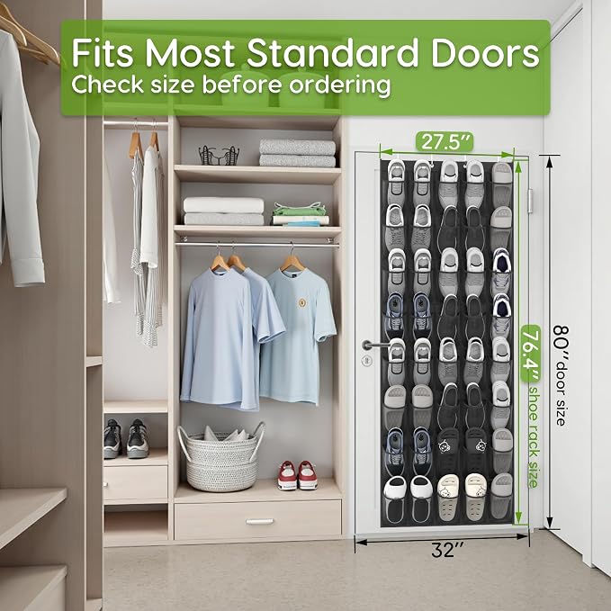 Over the Door Shoe Organizer with 40 Large Breathable Mesh Pockets, Space Saving Shoe Holder, Hanging Shoe Rack for Entryway Bedroom Closet Storage (Black, 40 Pockets)