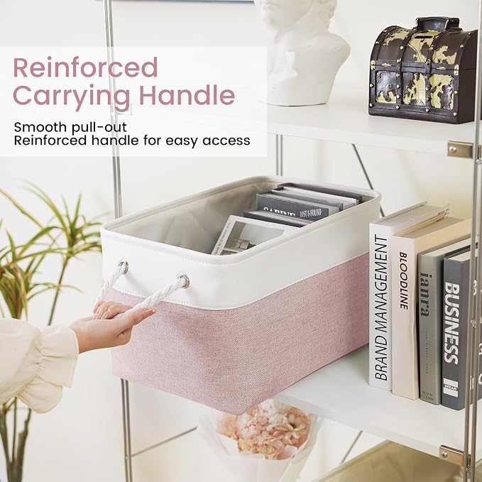 15x11x10 In Foldable Fabric Large Storage Bins with Handle 6 Pack | Organizer Baskets, Sturdy Metal Strand, Cardboard Support Molding, Storage Baskets for Shelves, Closet, Bedroom, White/Pink