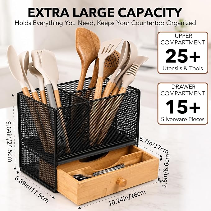 Kitchen Utensil Holder Countertop, Extra Large Utensil Organizer with Drawer, 2-Tier Utensil & Silverware Organizer for Kitchen Counter, Cooking Utensil Cutlery Caddy, Quick Dry Diatomite Base