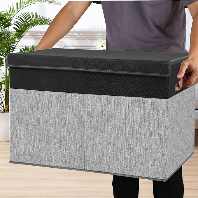 Gowee Large Toy Storage Box with Lid, Sturdy Toys Storage Chest Bin Organizer Basket with Dividers for Kids, Boys, Girls, Nursery, Closet, Bedroom, Playroom 26"x17" x17" (Black and Grey)