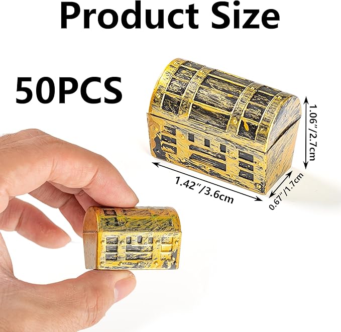 50Pcs Mini pirate treasure chest 1.42 x 0.67 x 1.06Inch Plastic toy pirate chest with a Gold finish Vintage pirate small decorative box for Kids prizes Halloween Birthday Party Props