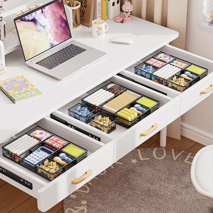 Marbrasse 3 Packs Desk Drawer Organizers, Metal Mesh Dividers Desk Drawer Organizer Tray with 9 Adjustable Compartments, Pen Organizer for Drawer Tray Box Accessories for Desktop,Kitchen, Makeup