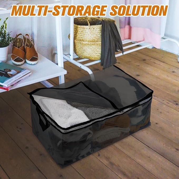 HIBAG 20 Gallon Large Storage Bag for Clothes, Zipper Clothing Storage Bag Organizer with Handles, for Comforters Blankets Pillows Bedding (Black, 2 Pack)