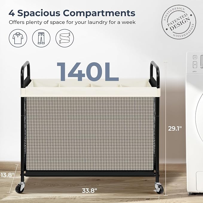 STO STO Laundry Hamper 4 Section, 140L Rolling Laundry Sorter Cart with Removable and Washable Liner Bag, Clothes Hamper with Wheels and Metal Handle for Laundry Room and Bedroom, Beige