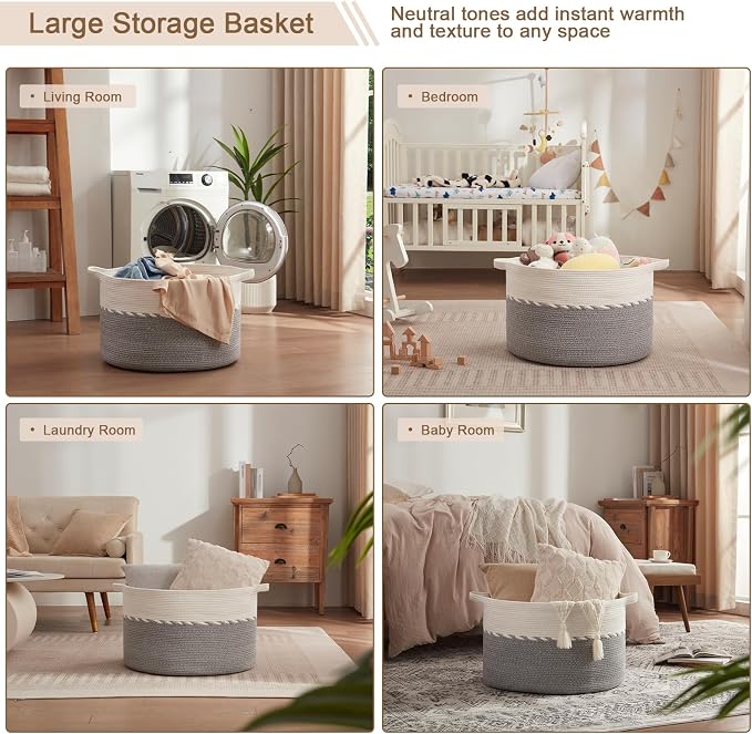 OIAHOMY 125L Extra Large Blanket Basket, 25" x 16", Jumbo Laundry Hamper, Cotton Rope Basket with Handles for Living Room,Baby Toy Basket for Storage, Grey