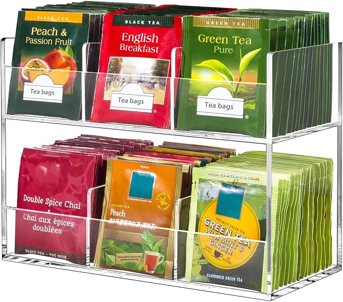 BEYGORM Acrylic Tea Bag Organizer for Tea Packets, No Assembly Required Display Holder for Countertop, Vertical Tea Bag Caddy for Cabinet, Tea bar Accessories, Teabags Storage Containers