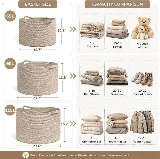 INDRESSME Large Blanket Basket Woven Cotton Rope Basket 65L with Handles, Toy Storage Basket for Living Room Bedroom Nursery, Laundry Hamper for Clothes Towels, Wicker Blanket Home Décor Brown