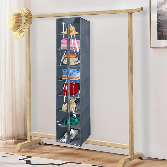 8 Tier Clear PVC Hanging Organizer With Zipper, Sweater Storage Shelves With Cover, Shoe Organizer for Closet, Grey