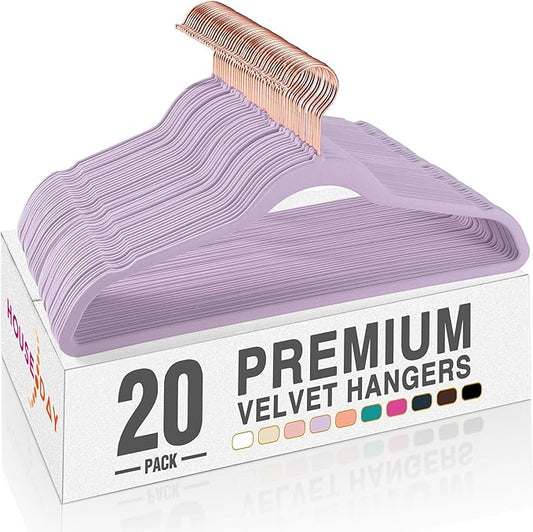 HOUSE DAY Lt-Purple Velvet Hangers 20 Pack, Premium Non-Slip Felt Clothes, Sturdy Heavy Duty Coat, Durable Hangers for Suits, Space Saving with No Hanger Mark, 360° Swivel Rotating Rose Gold Hook