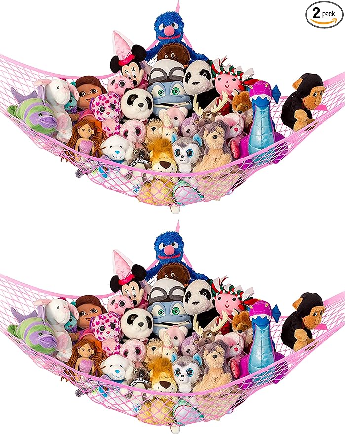Stuffed Animal Hammock 2 Pack | Corner Stuffed Animal Storage & Plushie Net | Toy Hammock for Stuffed Animals | Holds 12lbs | Easy Hang, All Hardware Included | Pink Bedroom Decor | by Lilly's Love