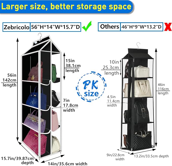 Purse Organizer for Closet, with Zippered-Dustproof, Purse Organizer, Designed for Oversized Wallets & Holds 8-16 Purses, organizador de carteras de Mujer,Black-Purse Storage