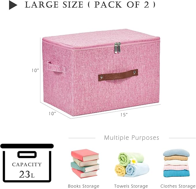 2 Pack Storage Bins with Zipper Lid Cotton Linen Fabric Lidded Storage Baskets Boxes Foldable Washable Closet Shelf Clothes Organizer Container with PU Leather Handles (Pink, Large)