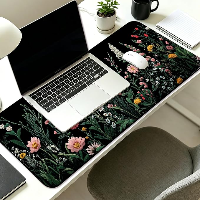 Pretty Wildflower Gaming Desk Mat, Computer Keyboard Large Extended Flowers Mouse Pad for Office and Home, 31.5×11.8 Inches, XL
