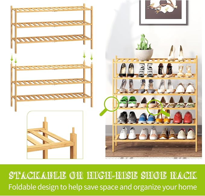 BMOSU 3-Tier Bamboo Extended Shoe Rack Premium Stackable Shoe Shelf Storage Organizer for Hallway Closet Living Room Entryway Organizer (Natural Bamboo)