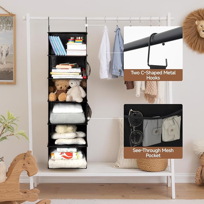StorageWorks Hanging Closet Organizer, 6-Shelf Hanging Shelves with 2 Hooks, Foldable Space-Saving Design, Closet Organizers and Storage for Bedroom, Dorm, Locker, Black