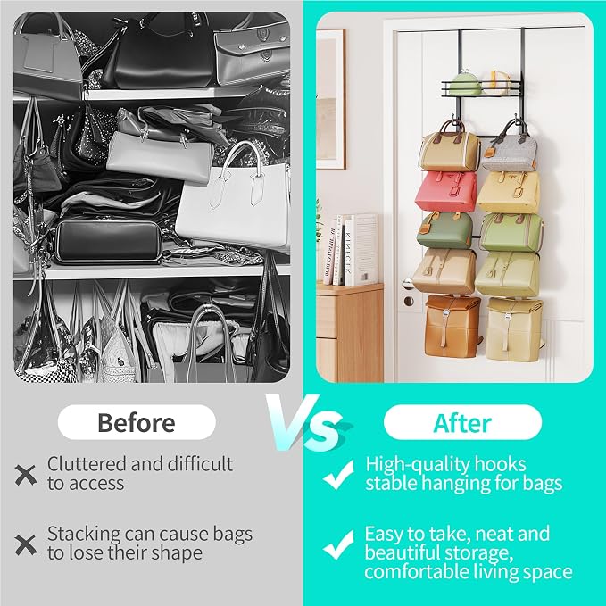 HapiRm Over The Door Purse Organizer - Wall Mounted Purse Rack with 10 Hooks and Metal Basket, Hanging Handbag Organizer Holds up to 10 Bags, Bag Rack Can Use As 1/2 Part, for Door, Closet (Black)