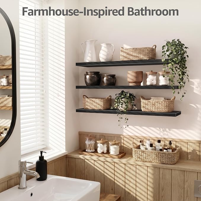QEEIG 12" Deep Floating Shelves for Wall - 12 x 48 inch Book Shelf Bathroom Bedroom Kitchen Living Room Hanging Bookshelf Farmhouse Set of 3, Black (026-120B3)