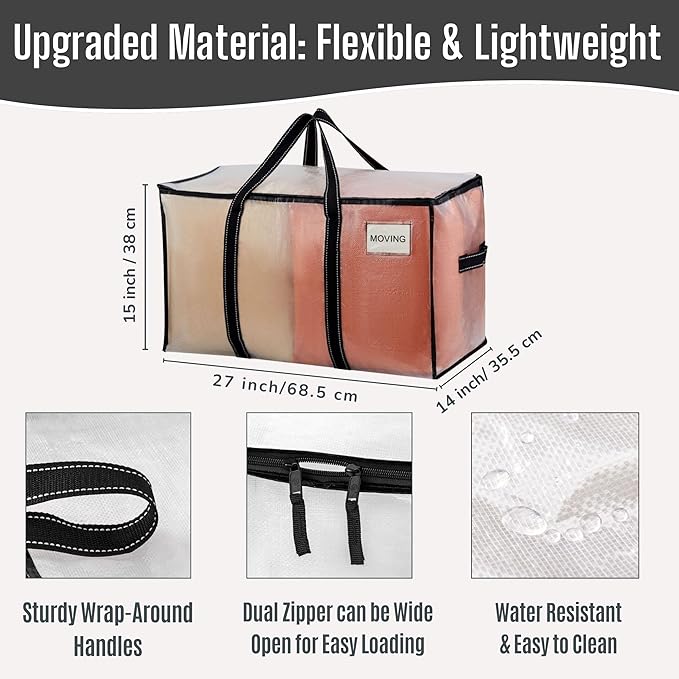 VENO 8 Pack Clear Moving Bags Heavy Duty, 90L Extra Large Transparent Storage Bags, 50lbs Loads, Zippers, Handles & Tag, Moving Boxes Alternative for College Dorm Essentials, Closet