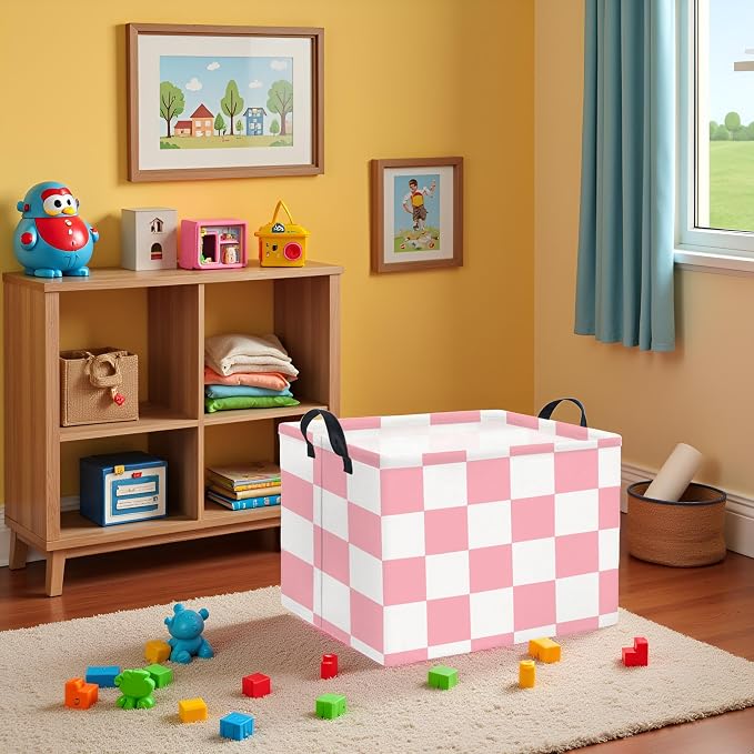 Rectangular Storage Basket for Home Kitchen Girls Cute Storage Bin Organizer Shelf Book Room Decor(Pink Checked)