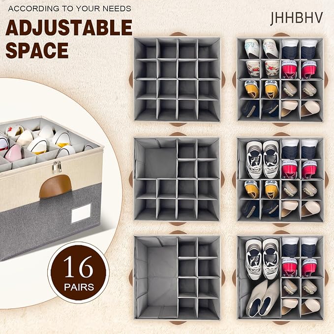 2 Pack Shoe Organizer for Closet, Adjustable Shoe Box Storage Containers, Large Foldable Shoe Bins with Clear Cover, Space Saving Shoes Holder with 4 Handles, Fits 16-32 Pairs, Beige