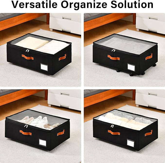Freebat Under Bed Storage Organizer with Wheels 2 Pack, 10 inches Height Underbed Container with Clear Lid Cover, Storage Bag Box with Visiable Window for Clothes, Bedsheet, Pillow