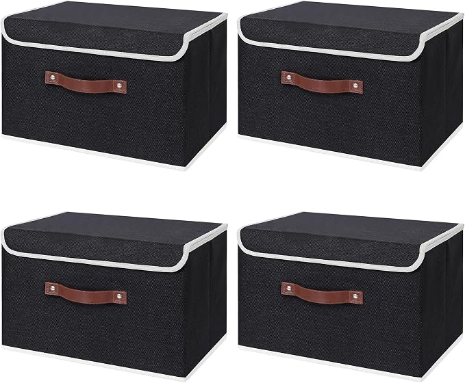 ANMINY 4PCS Storage Bin with Lid Storage Boxes with PU Leather Handles PP Plastic Board Decorative Foldable Lidded Cotton Linen Fabric Home Cubes Baskets Closet Organizer Container - Black, Medium
