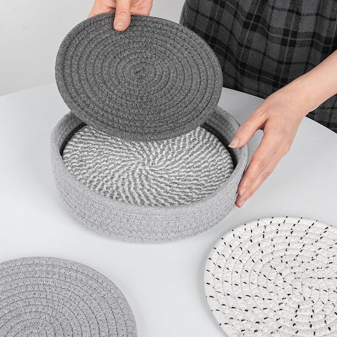 8 Inch Trivets for Hot Dishes, 6 Pcs Cotton Hot Pads with Basket | Large 8-inch cotton trivets for hot pots and dishes; basket adds easy storage and farmhouse style