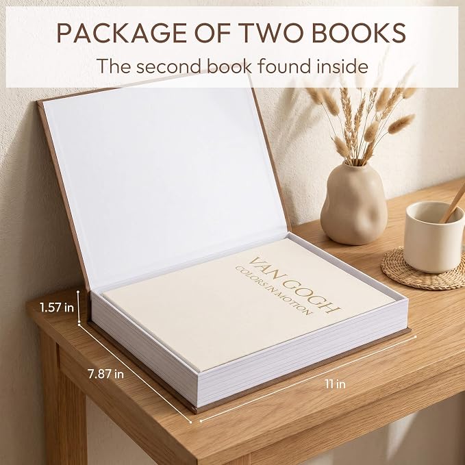 MAOBUYOU Decorative Storage Books Set of 2, Linen Cover, Gold Letters, Beige and Brown