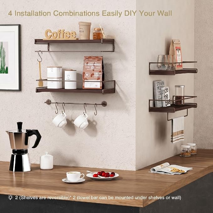 Forbena Dark Brown Kitchen Shelves Wall Mounted Set of 2, Walnut Brown Floating Kitchen Wall Shelves with Rail, Hanging Shelves for Kitchen Wall Coffee Bar (Wooden Pine Wood)